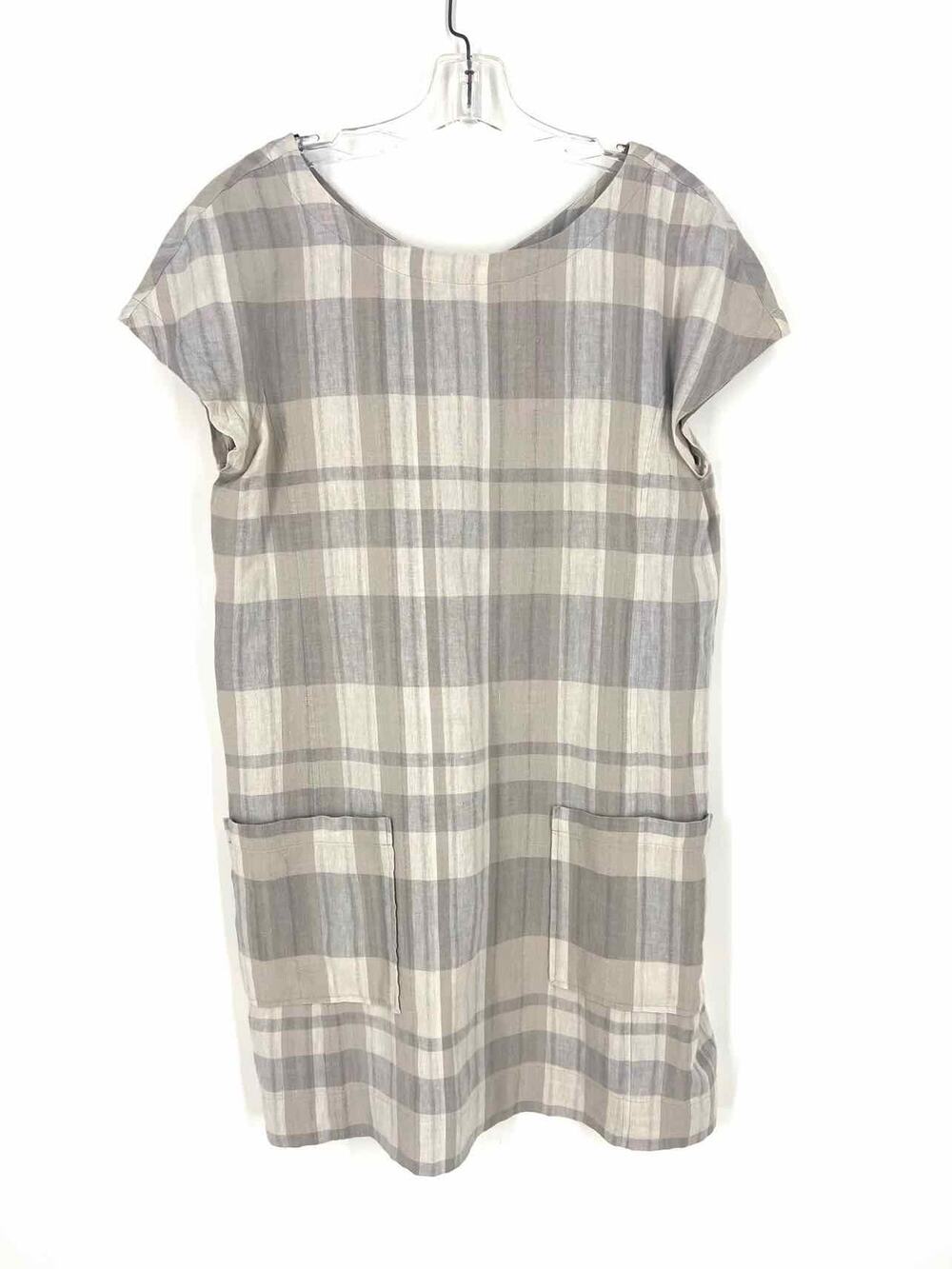 Eileen Fisher Size M Gray/White Plaid Linen/Cotton Designer Dress